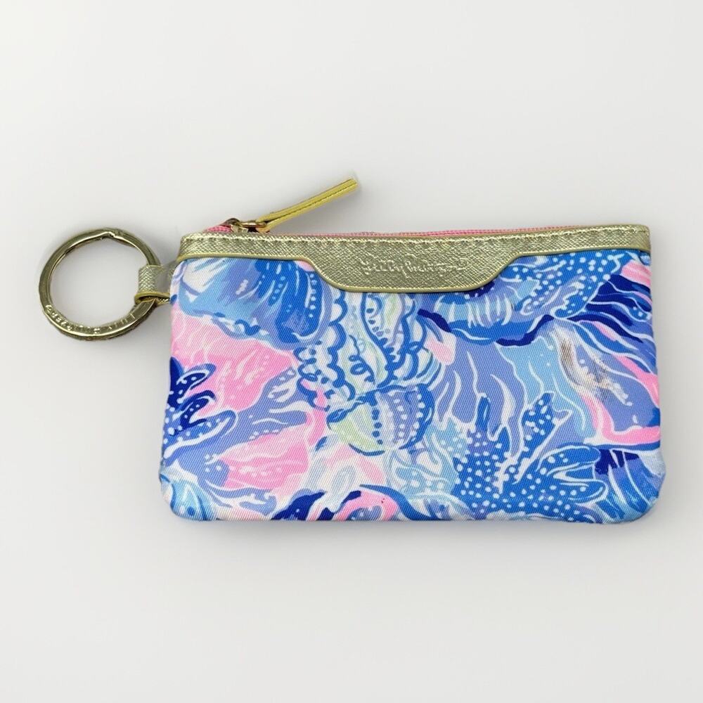 Lilly Pulitzer Key ID Purse Blue Pink Shade Seekers Coin Wallet Coral Key Ring